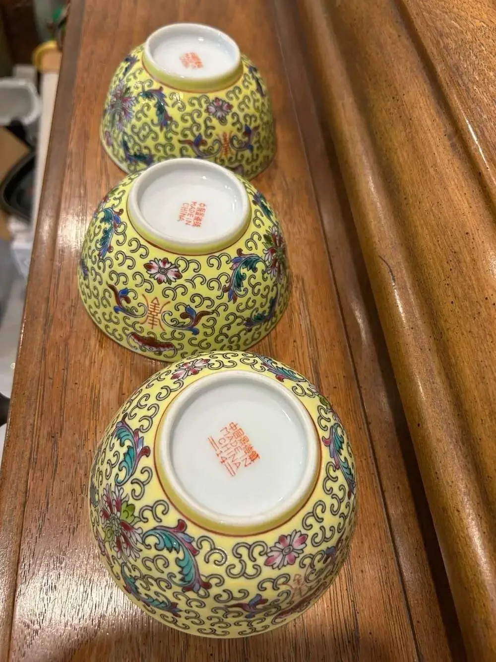 3 Chinese Famille Rose Yellow Porcelain Bowls